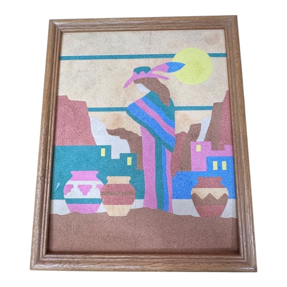 Southwestern Sand Art Picture Frame 14x11 Vibrant Desert Scene Pottery Woman Sun